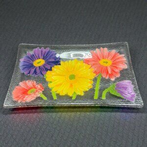 Peggy Karr Fused Glass Floral Plate Tray Gerbera Daisy Retired Signed 10inch